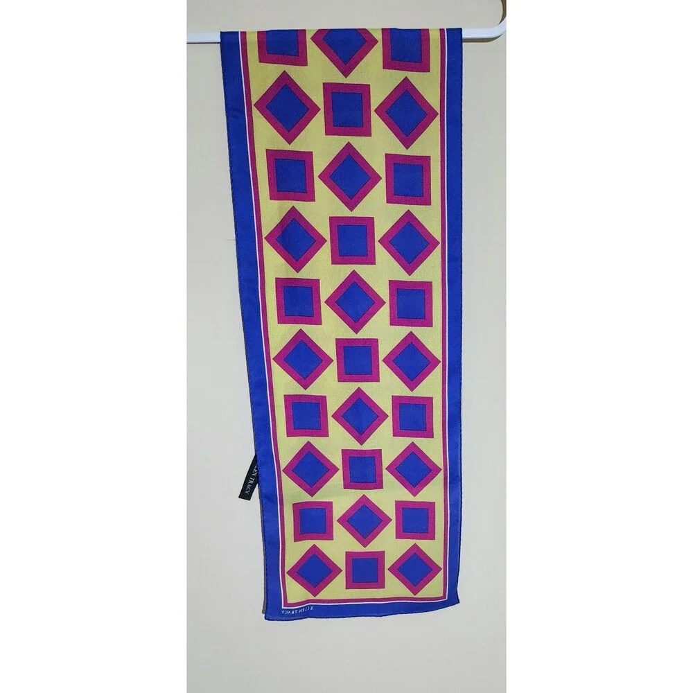 90s Ellen Tracy 100% Silk Scarf Rectangle Geometric Blue Red Yellow Vintage 52